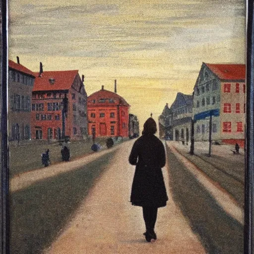 Prompt: a woman standing on the crossroads with paths leading to oslo, copenhagen and stockholm, fine details, artistic