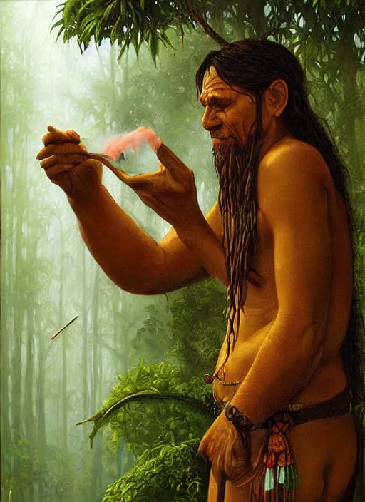 Image similar to a beautiful painting of a shaman in the jungle sniffing tobacco snuff, art by christophe vacher