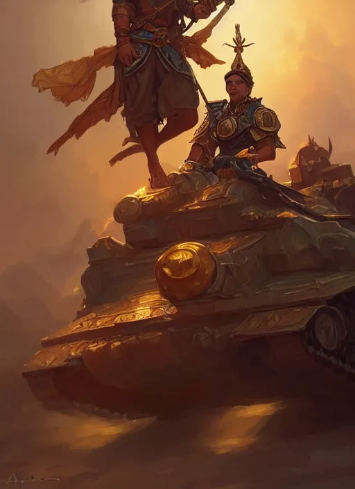 Prompt: a filipino man sitting on a tank holding a golden staff, d & d, fantasy, intricate, elegant, highly detailed, digital painting, artstation, concept art, matte, sharp focus, illustration, hearthstone, art by artgerm and greg rutkowski and alphonse mucha