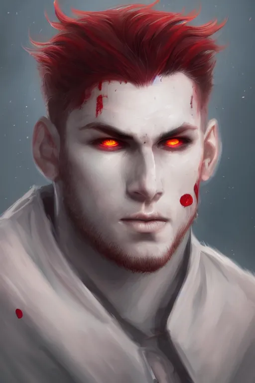 Image similar to A handsome man with a blood red hair, white eyes, fantasy, portrait, sharp focus, intricate, elegant, digital painting, artstation, matte, highly detailed, concept art, illustration, ambient lighting