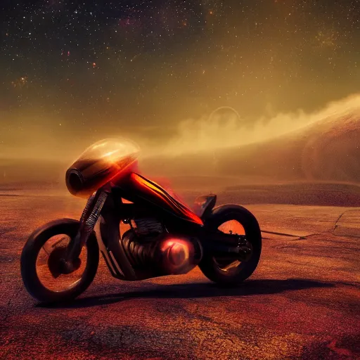 Image similar to a motorcycle floating in space inside magic colorful glowing sparkling fog, starry sky, tranquil, desolate, atmospheric, hazy, autochrome, 8k, photo, octane render, unreal engine 5