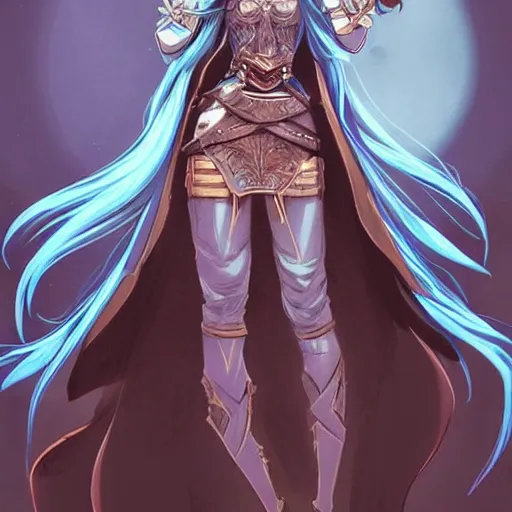 Image similar to “A detailed stunning and beautiful anime woman with brown flowing hair, long blue-cape, decorative leather armor, great proportions, excellent detail, surrounded by a catacomb of books, high quality, Full-body character portrait, trending on artstation, by rossdraws”