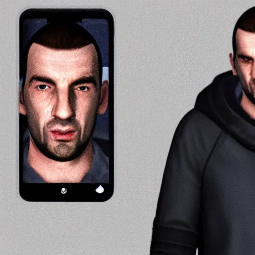 Niko Bellic taking a selfie, smiling, real life,, Stable Diffusion