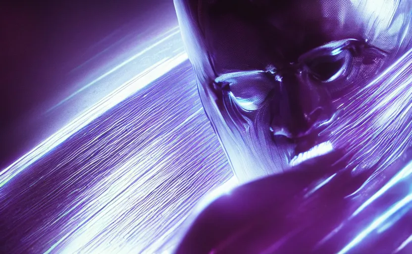 Image similar to silver surfer by bill sienkiewicz, unintentional mystique, macro up view metallic, tron, close up bokeh hiperrealistic neon glow darkness dramatic neon, sharp focus, octane render, imax