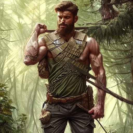 Prompt: Rugged male ranger running through the forest, masculine, D&D, muscular, fantasy, intricate, elegant, highly detailed, digital painting, artstation, concept art, smooth, sharp focus, illustration, art by artgerm and greg rutkowski and alphonse mucha