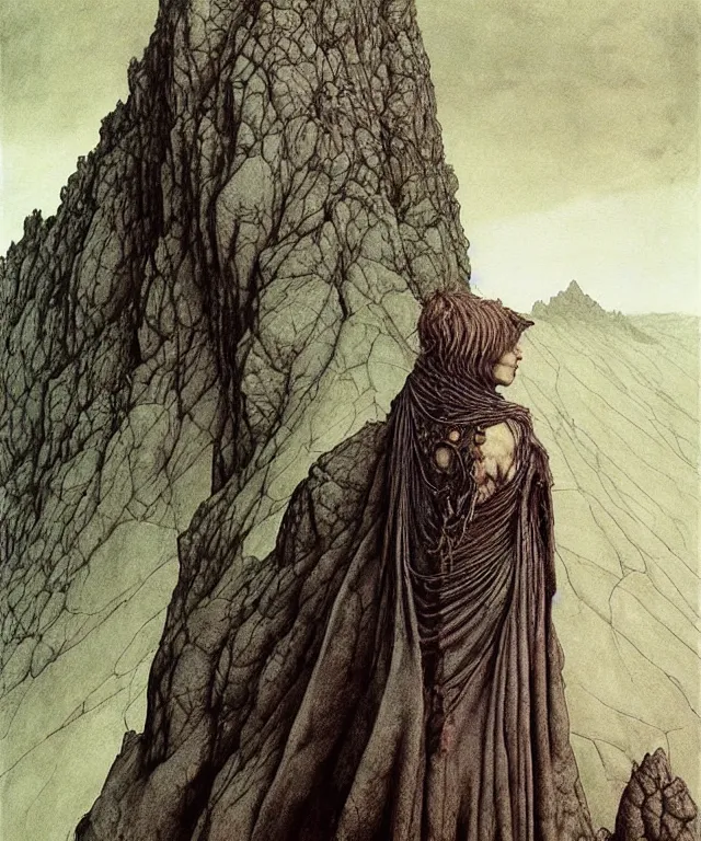 Image similar to A detailed very horned woman stands among the mountains. Wearing a ripped mantle, robe. Perfect faces, extremely high details, realistic, fantasy art, solo, masterpiece, art by Zdzisław Beksiński, Arthur Rackham, Dariusz Zawadzki