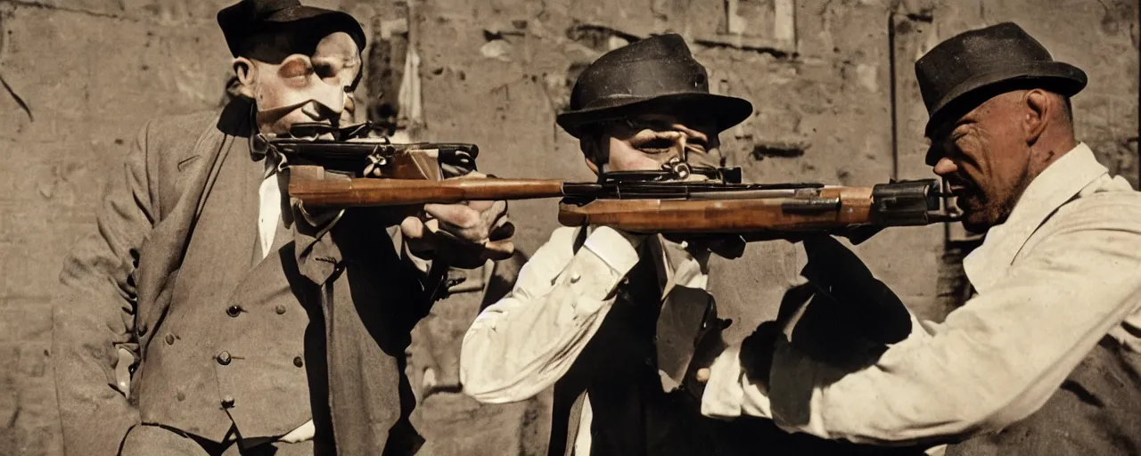 Prompt: 1 9 2 0's gangster shooting with a tommy gun made of spaghetti, canon 5 0 mm, high detailed face, facial expression, cinematic lighting, photography, retro, film, kodachrome