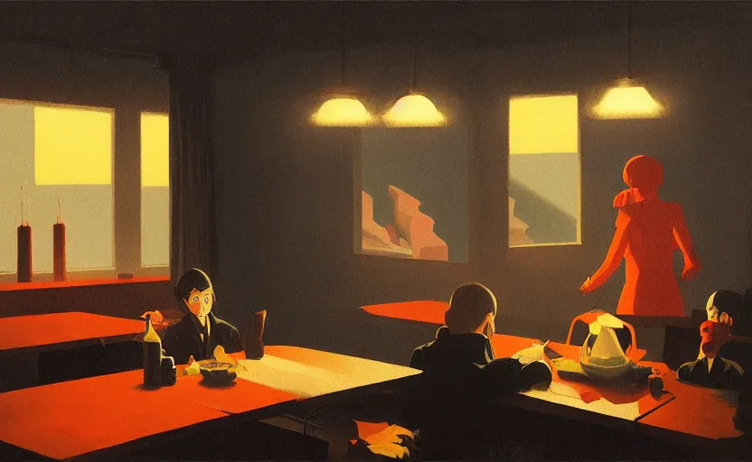 Image similar to an emotional mysterious dimly lit dinner scene illustration by atey ghailan and escher and edward hopper, japanese surreal