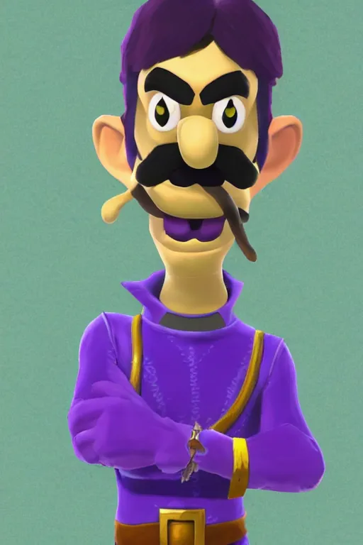 Prompt: an in game portrait of waluigi from the legend of zelda breath of the wild, breath of the wild art style.