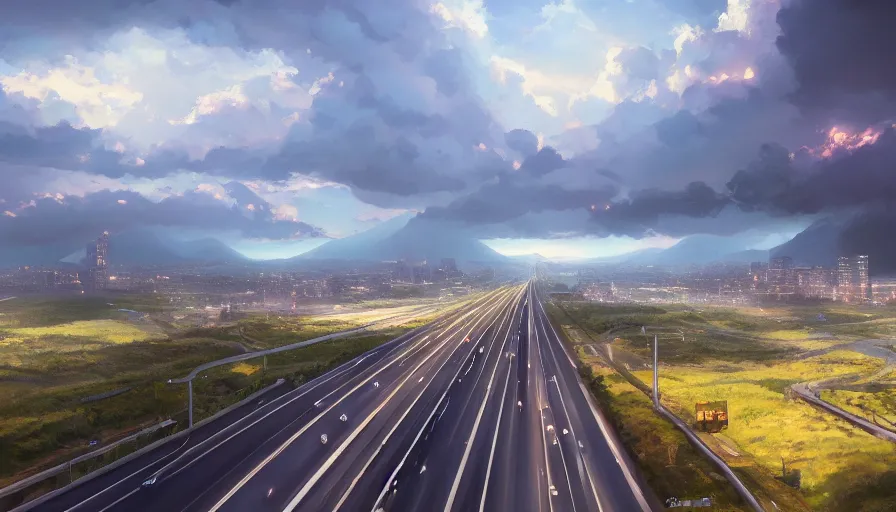 Image similar to A highly detailed matte oil painting of a highway by Mokoto Shinkai, hyperrealistic, cinematic angle, breathtaking, beautiful composition, by Artgerm, by beeple, by Studio Ghibli, volumetric lighting, octane render, 4K resolution, trending on artstation