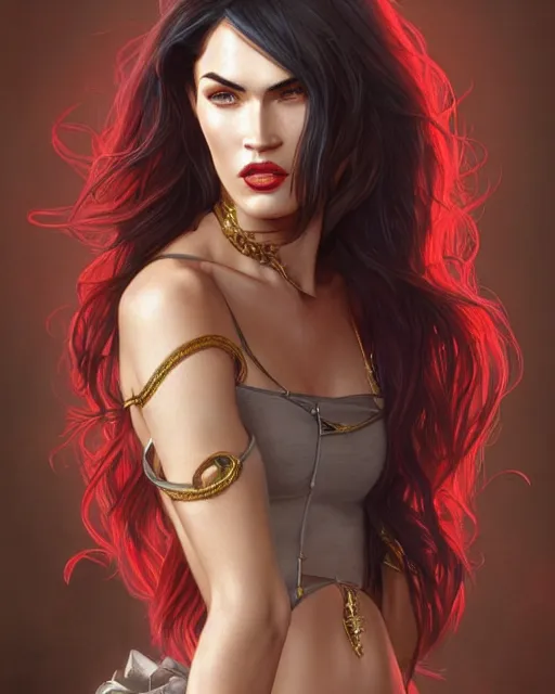 Image similar to megan fox vampire, perfect face, gold waistcoat, red shirt, long grey hair, red necktie, cinematic, stunning, highly detailed, digital painting, artstation, smooth, hard focus, illustration, art by artgerm and greg rutkowski and alphonse mucha