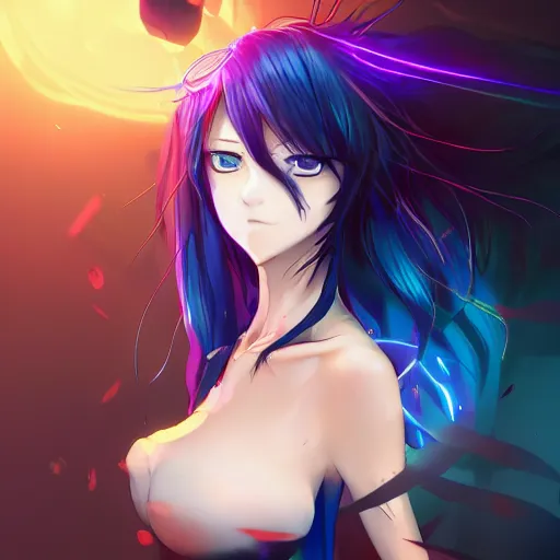 Image similar to a anime woman wearing a dress made out of blue fire , full body, very long black/red hair, one yellow and one blue eye, intense stare, cinematic lighting, medium shot, MCU, very high details, trending on artstation, CSP, Photoshop, WLOP, Rossdraws, James Jean, Andrei Riabovitchev, Marc Simonetti, Anastasia Ovchinnikova, Véronique Meignaud, BEN MAIER and Sakimichan