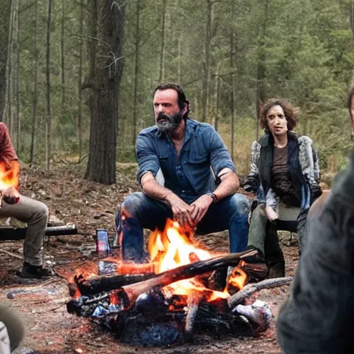 Prompt: Rick Grimes roasting human head by the campfire