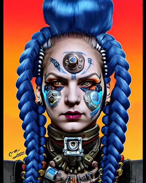 Prompt: junker queen from overwatch, mohawk, braids, blue hair, face paint around eyes, face piercings, character portrait, portrait, close up, concept art, intricate details, highly detailed, vintage sci - fi poster, retro future, in the style of chris foss, rodger dean, moebius, michael whelan, and gustave dore