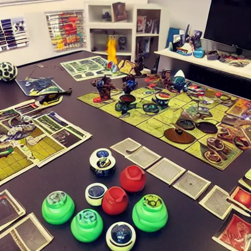 Prompt: untidy flat of game designer who plays blood bowl