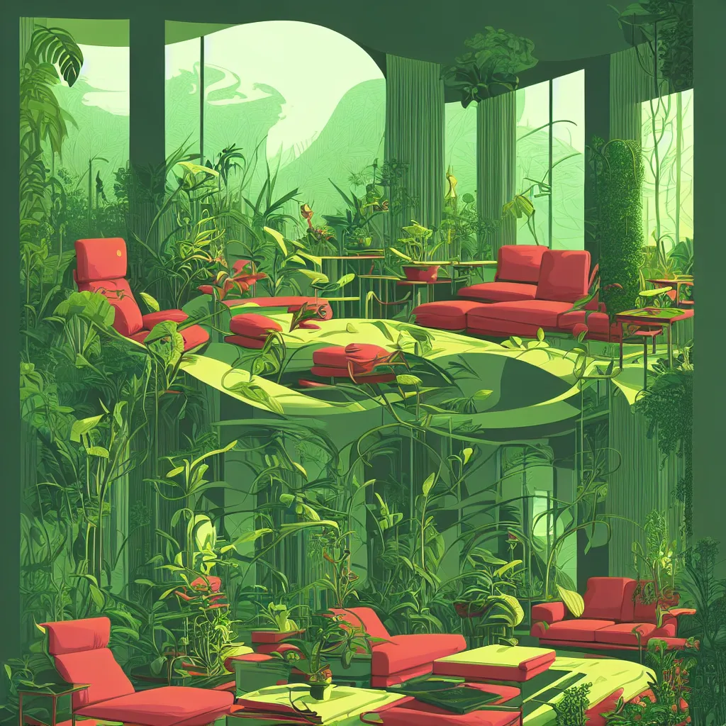 Prompt: luxury living room full of plants and trees by kilian eng