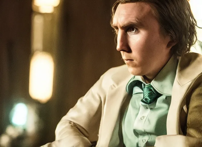 Image similar to film still of Paul Dano as Riddler in The Batman, 4k, dark lighting, film noir, grainy, dark tone