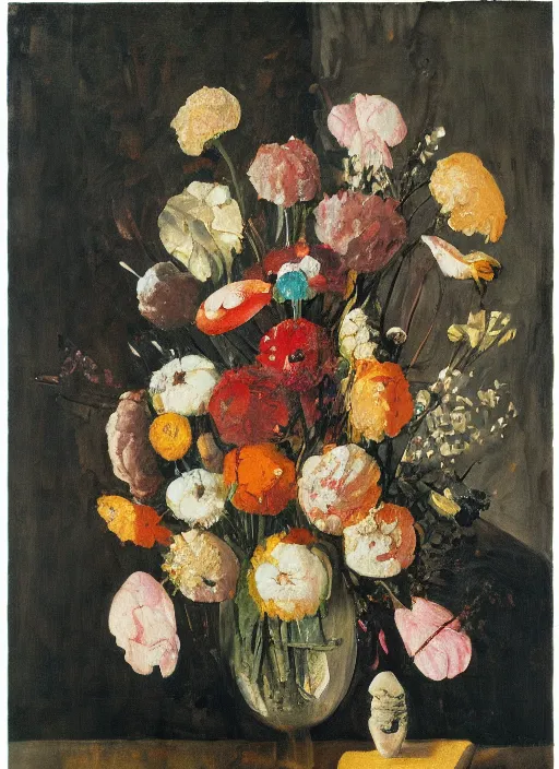 Prompt: a surreal painting of a breakfast still life, vase of flowers, by George Baselitz, symbolist, soft colors, dramatic lighting, smooth, sharp focus, extremely detailed, textured, aesthetically pleasing composition