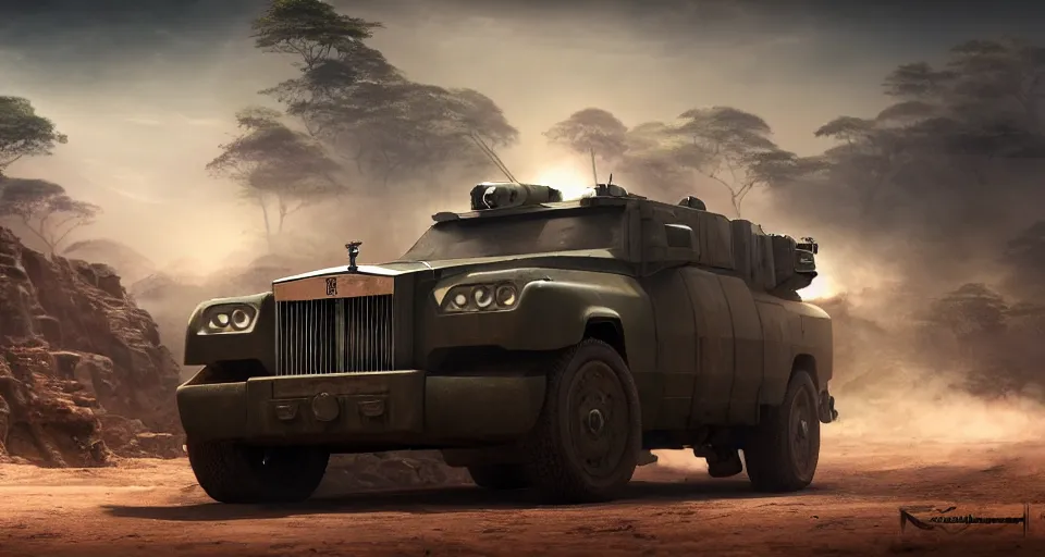 Prompt: a militarised car designed by rolls royce driving through madagascar, artgerm and wolp, an epic fantasy, volumetric light, detailed, an epic fantasy, trending on art station, octane render, shadow of the tomb rider