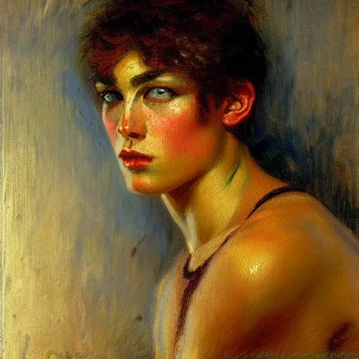 Prompt: oil portrait painting of androgynous person by gaston bussiere