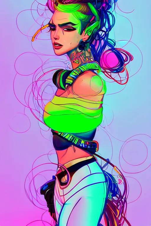 Image similar to a award winning portrait of a beautiful woman with stunning eyes in a one off shoulder crop top and cargo pants with rainbow colored hair, outlined by whirling illuminated neon lines and fine lines swirling in circles by greg tocchini, digital art, trending on artstation