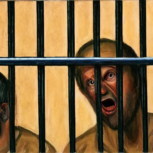 Image similar to a screaming prisoner holding prison bars, realism old painting, oil painting