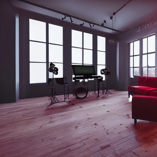 Prompt: A screenshot of a Virtual Reality music studio, living room vibe, Paris loft style, red velvet furniture, light rays coming out of the windows, raytracing, highly detailed, futuristic, unreal engine 5, photoscanned, photorealistic,