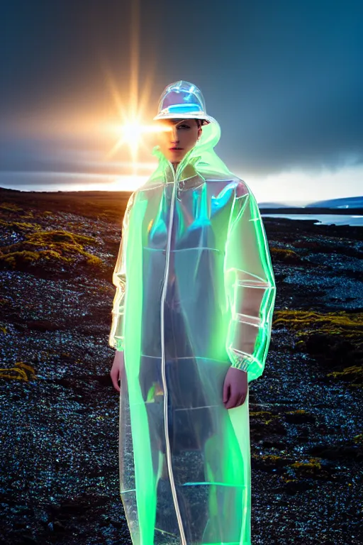 Image similar to an ultra high definition professional high fashion portrait studio full length photograph of a model wearing a transparent pearlescent raincoat and neon visor in an icelandic black rock environment at dawn. no artefacts. extremely detailed. stark. refraction. shallow depth of field. volumetric light and shadow. ray tracing. light rays.