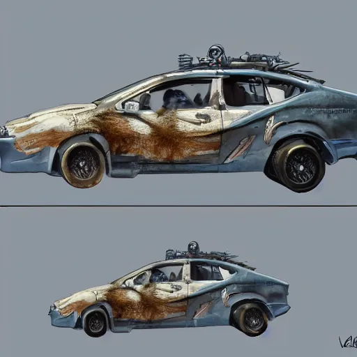 Prompt: velociraptor mongoliensis in the style of subaru impreza as velociraptor, mad max, hdr 8 k