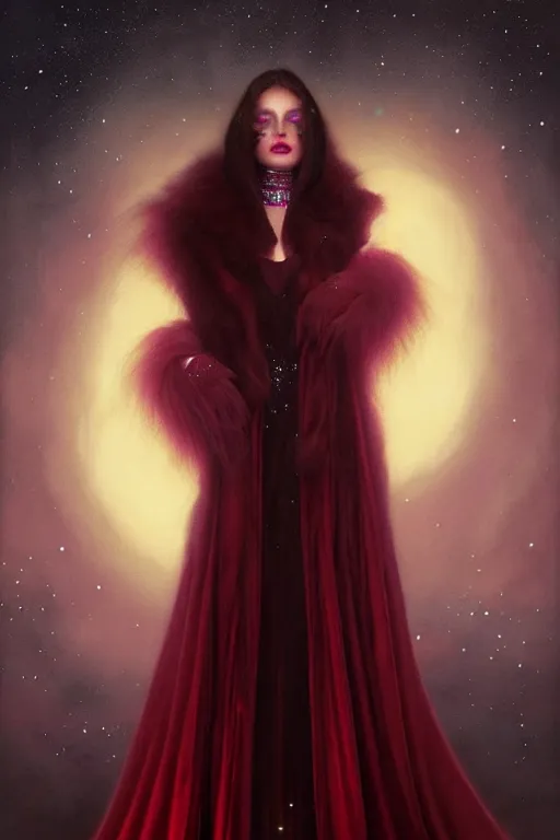 Prompt: Nocturne, glowing, stars, a portrait of a beautiful female shadow djinn creature with long fur collar, highly detailed, mysterious, ethereal, dressed in red violet velvet, haute couture, illustration, dramatic lighting, soft details, painting, by Edmund Blair Leighton, Brom, Charlie Bowater, trending on artstation, faces by Tom Bagshaw, otto schmidt