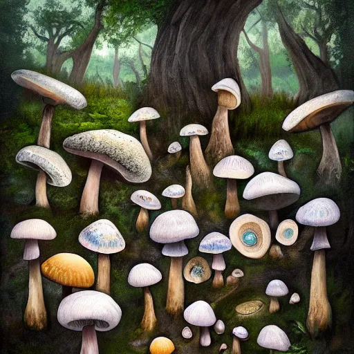 Image similar to a landscape painting with growing mushroom underground, fairy-mushroom ot toabstool different forms and bodies, national geographic photos, trending on artstation