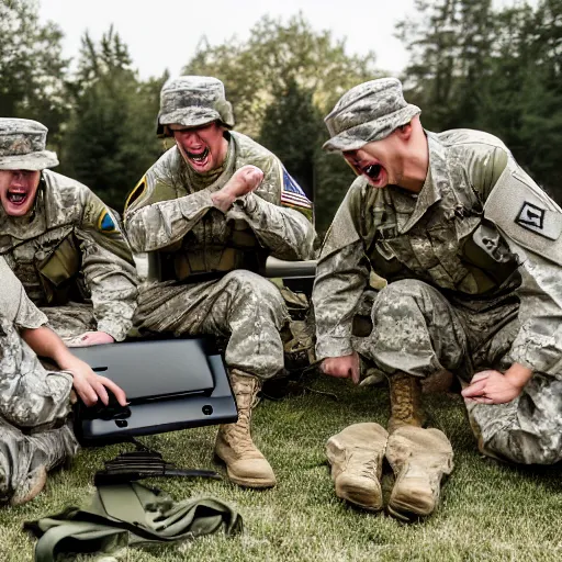 Image similar to a group of fox animals dressed in modern american military soldier uniforms, laughing at a computer, 8 5 mm f / 1. 4