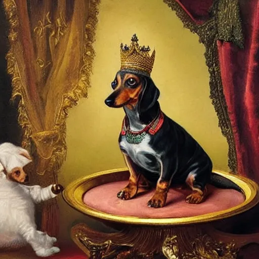 Image similar to Victorian painting of a Dachshund sitting on a golden throne wearing a jewelled crown being fed cooked chicken by an android