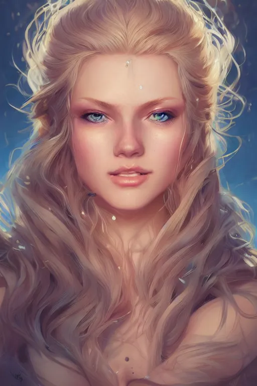 Image similar to an insanely detailed portrait of a beautiful woman facing you, highly detailed features, sparkling blue eyes, long eyelashes, long golden blonde hair, beautiful smile, in the style of peter mohrbacher, artgerm, dramatic lighting and composition, octane render, trending on artstation, concept art 8 k