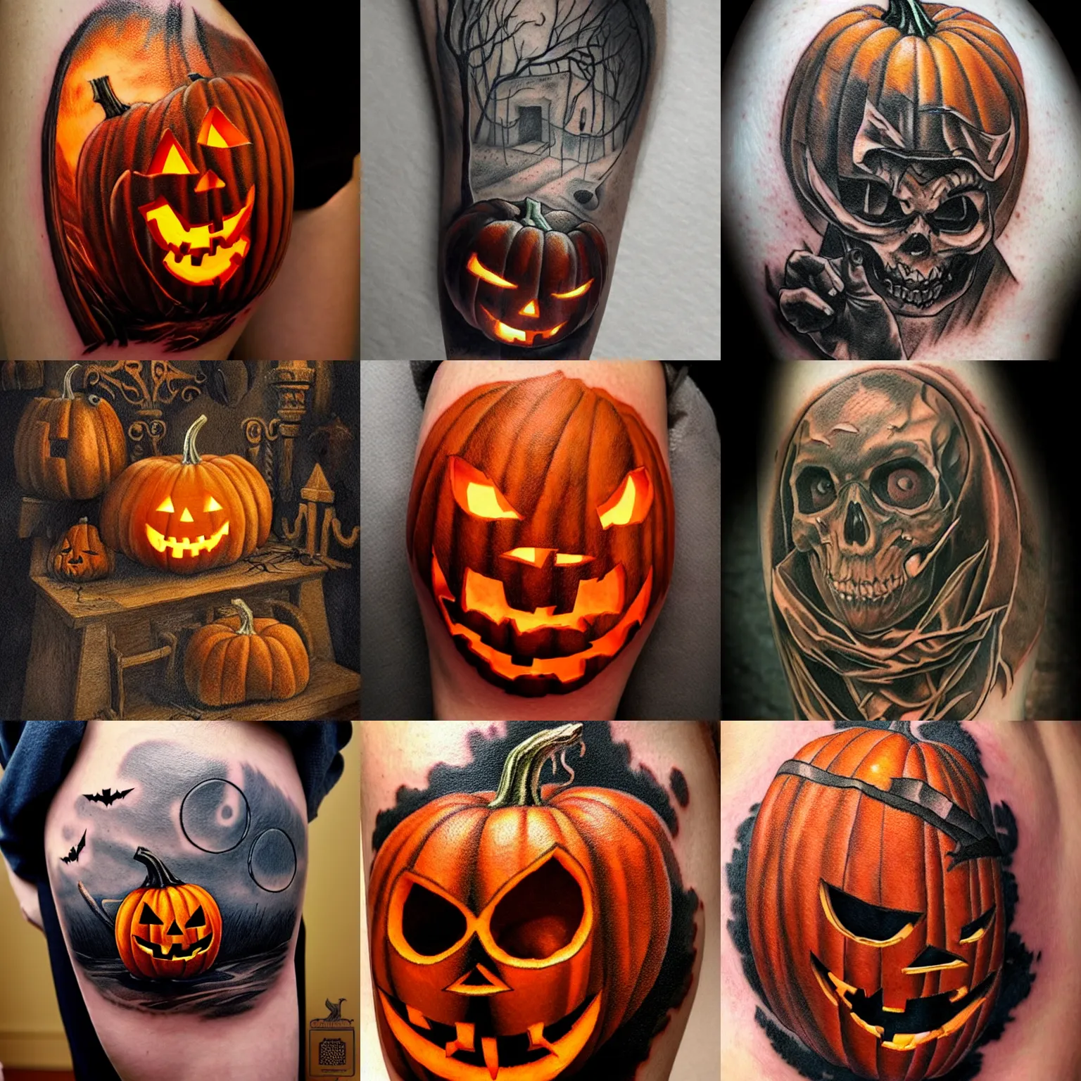 Prompt: halloween pumpkin tattoo by anton pieck, intricate, extremely detailed, digital painting, artstation, concept art, smooth, sharp focus, illustration, intimidating lighting, incredible art,