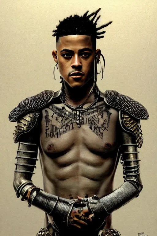 Prompt: a photorealistic painting of XXXTentacion partially clothed in metal-plated battle armor, beautiful bone structure, symmetrical face, perfect eyes, intricate, elegant, digital painting, concept art, illustration, sharp focus, minimal artifacts, from Metal Gear, in the style of Ruan Jia and Mandy Jurgens, by Greg Rutkowski, trending on Artstation, award winning