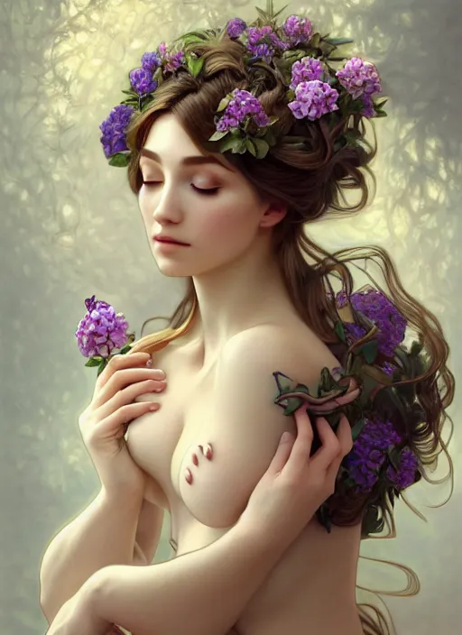 Image similar to a photographic portrait of a seductive sleeping anthropomorphic hydrangea blossom with a perfect face, fantasy, wind blowing hair, intricate, elegant, very very highly detailed, digital painting, artstation, concept art, smooth, super sharp focus, illustration, art by artgerm and h r giger and alphonse mucha