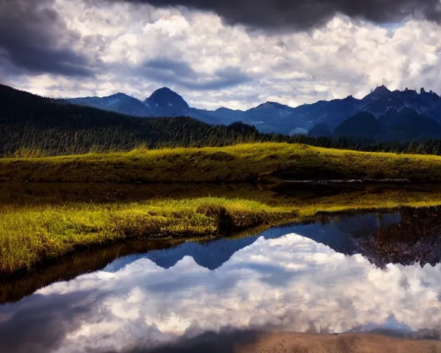 Image similar to mountains with a small lake, clouds in the sky, water reflecting suns light, dramatic landscape mode made by Clay Collier