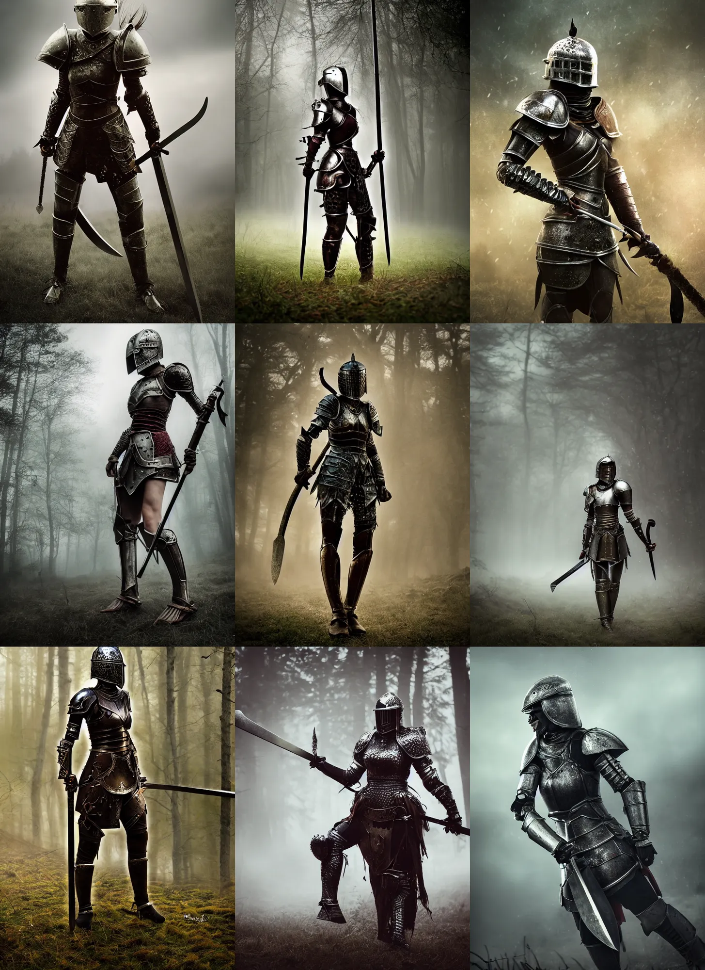 Prompt: helmeted female warrior wielding two swords wearing full body knight!! armor, forest plains of yorkshire, misty forest, elden ring, dark souls, good value control, digital painting, sharp focus, rule of thirds, 4k, centered, muscular body type, magic hour photography, atmospheric, moody colors, Anette Haellmigk cinematography