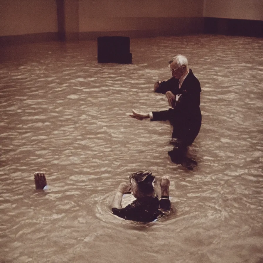 Image similar to 7 0 s movie still of an old man drowning in an empty soviet ballroom flooded in hands, cinestill 8 0 0 t 3 5 mm, heavy grain, high quality, high detail