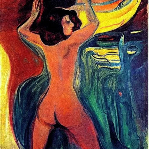 Image similar to queen of the dreamlands, beautiful! coherent! by edvard munch, by frank frazetta, deep colors, strong lines, high contrast