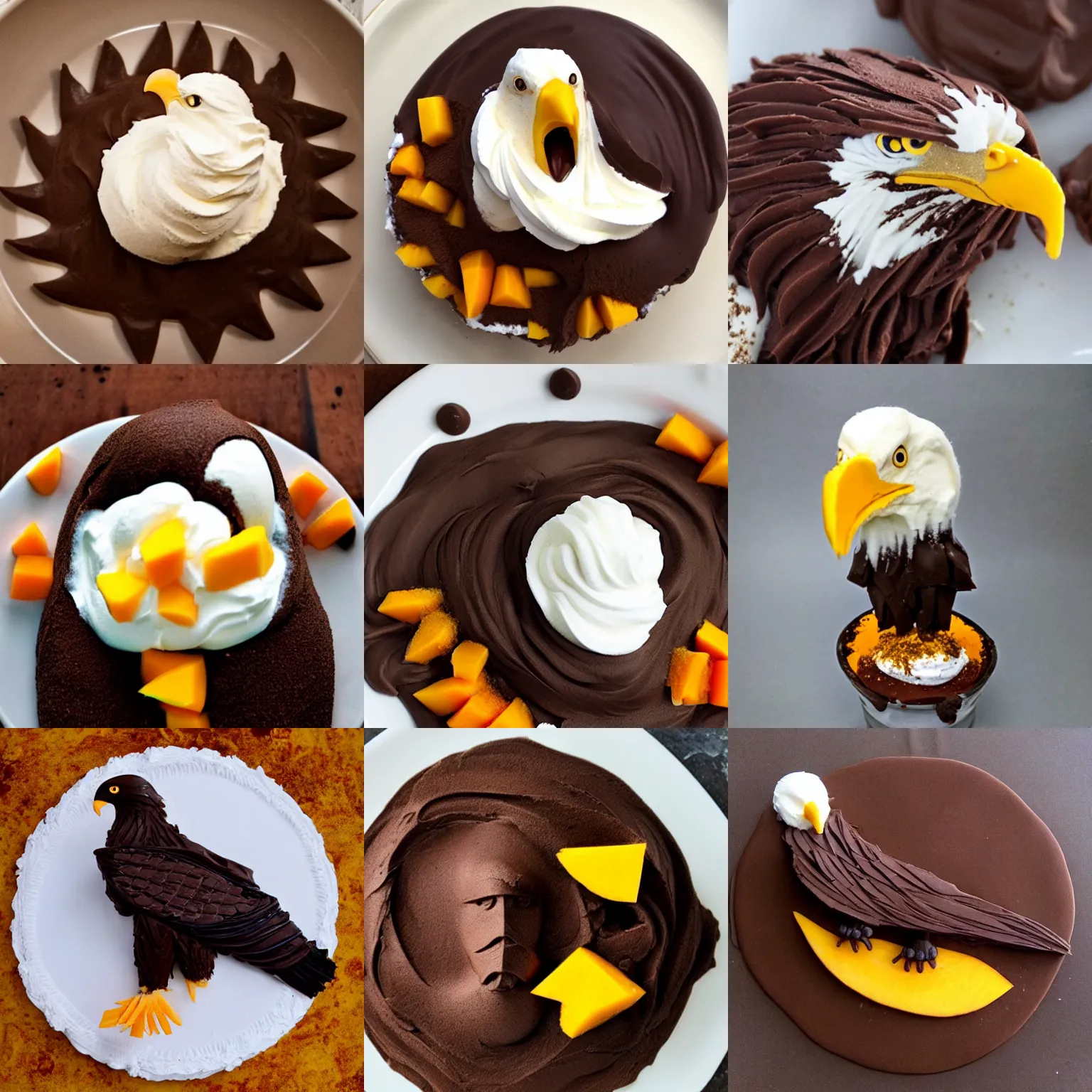 Prompt: A bald eagle made of chocolate powder, mango, and whipped cream