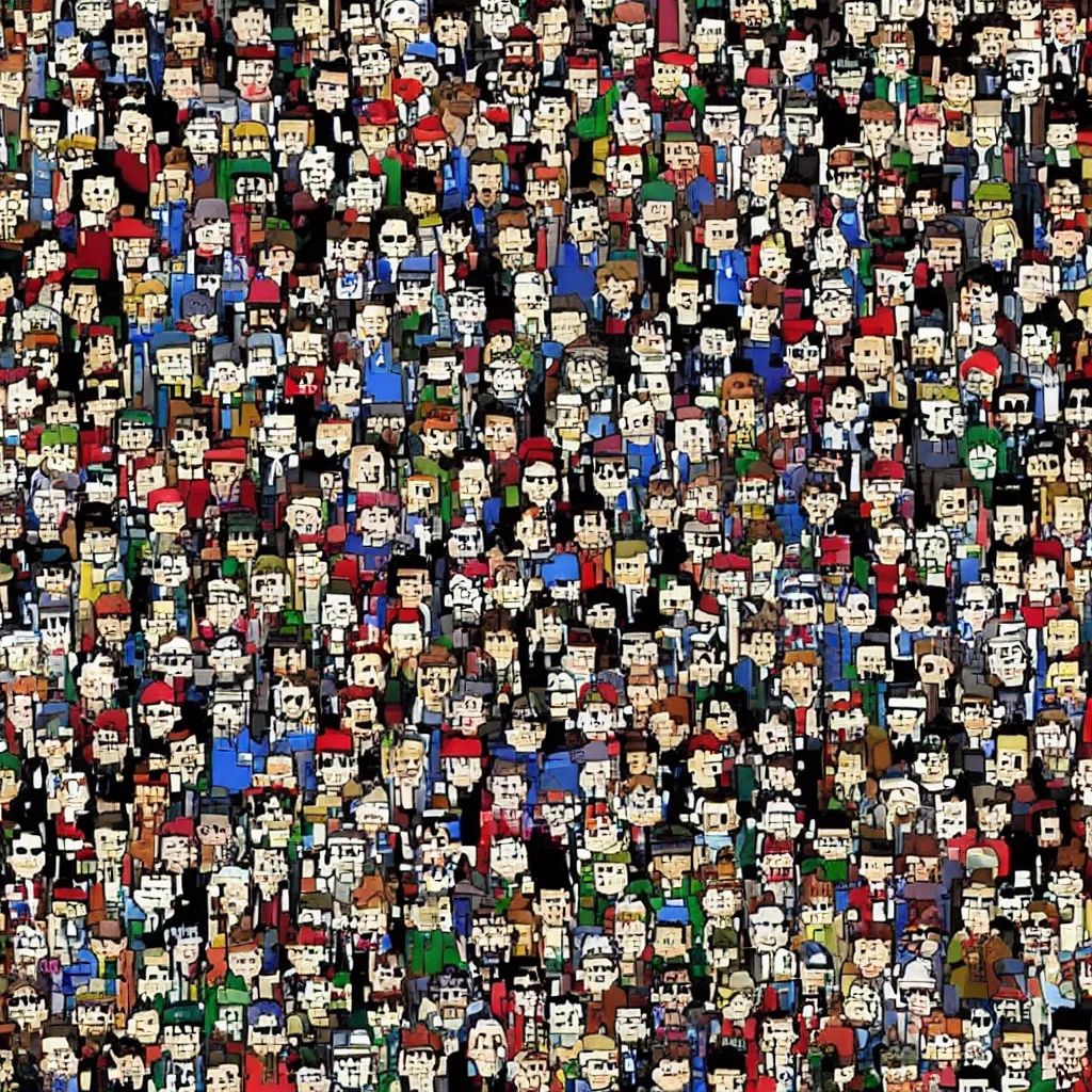 Image similar to where's waldo, it crowd. 8 bit. escher