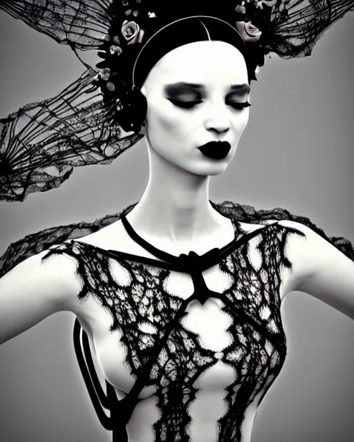 Prompt: dreamy surreal poetic black and white 3D render of a beautiful young porcelain female-creature-cyborg-vegetal with a very long neck and a super big gothic web lace collar filled with small dead flies and a very high big floral crown with many black dry roses:: smoke, high fashion, haute couture, rococo, avant-garde, elegant, dreamy, hyper realistic, 150 mm lens, soft rim light, octane render, unreal engine, volumetric lighting, dramatic light,8k,