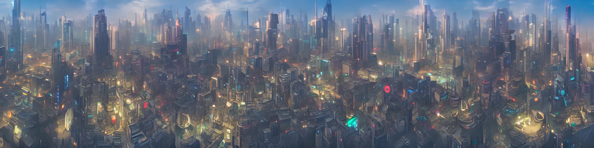 Prompt: Panorama view of cyberpunk city from the street level, art style by pete mohrbacher and artgerm