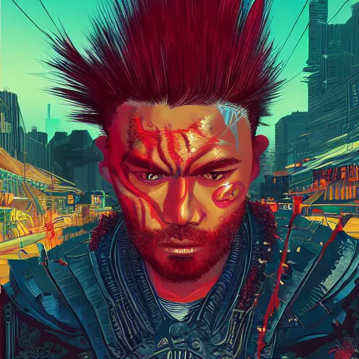 Image similar to portrait painting of a maori street samurai with spiky red hair, cyberpunk, glitchwave, sharp focus, award - winning, trending on artstation, masterpiece, art by josan gonzales and moebius
