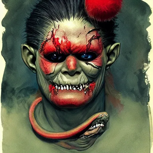 Image similar to monster makeup mask grinning one-eyed grimpunk vile reprobate portrait portrait Cyclops Cyclops Polyphemus shrek with tombow norman rockwell greg rutkowski frank frazetta alexandre briclot Dave Dorman splatterpaint