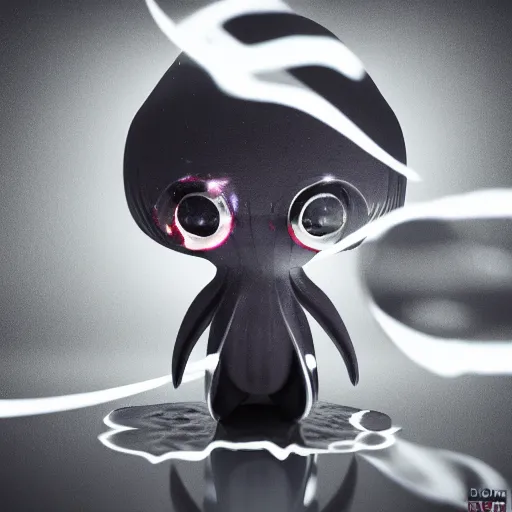 Prompt: cute fumo plush of a squid boy leaking dark droplets of ink from his eyes, dark water simulation, caustics and reflections, lens flare, black and white, vray
