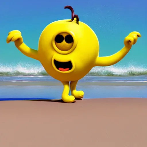 Prompt: 3 d octane render, of an anthropomorphic lemon character inspired by cartoon adventure time, monster. inc, with lemon skin texture, it is wearing a hat, building a sandcastle on the beach at sunset, beach, huge waves, sun, clouds, long violet and green trees, rim light, cinematic photography, professional, sand, sandcastle, volumetric lightening