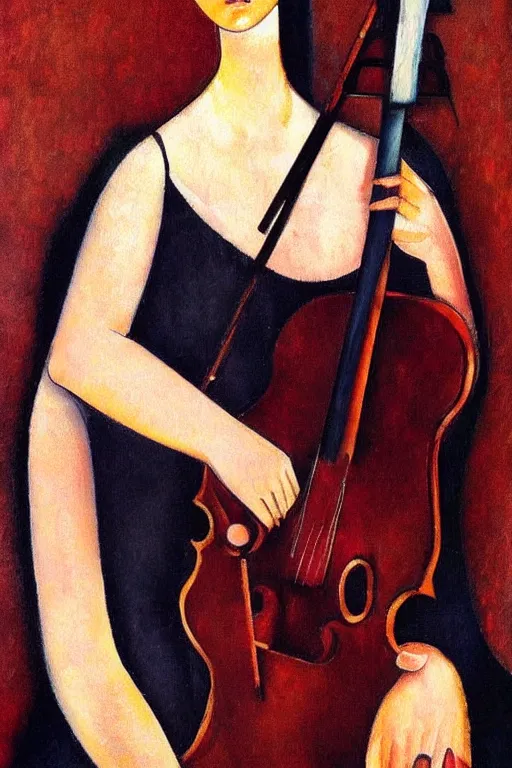 Image similar to woman portait playing violin by modigliani, intricate, highly detailed, hyper realistic, soft shadow